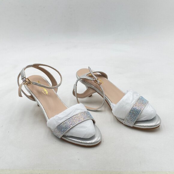 XYD Silver Open Toe Ankle Strap Sandals Wedding Kitten Heels Rhinestones Shoes - Picture 4 of 8